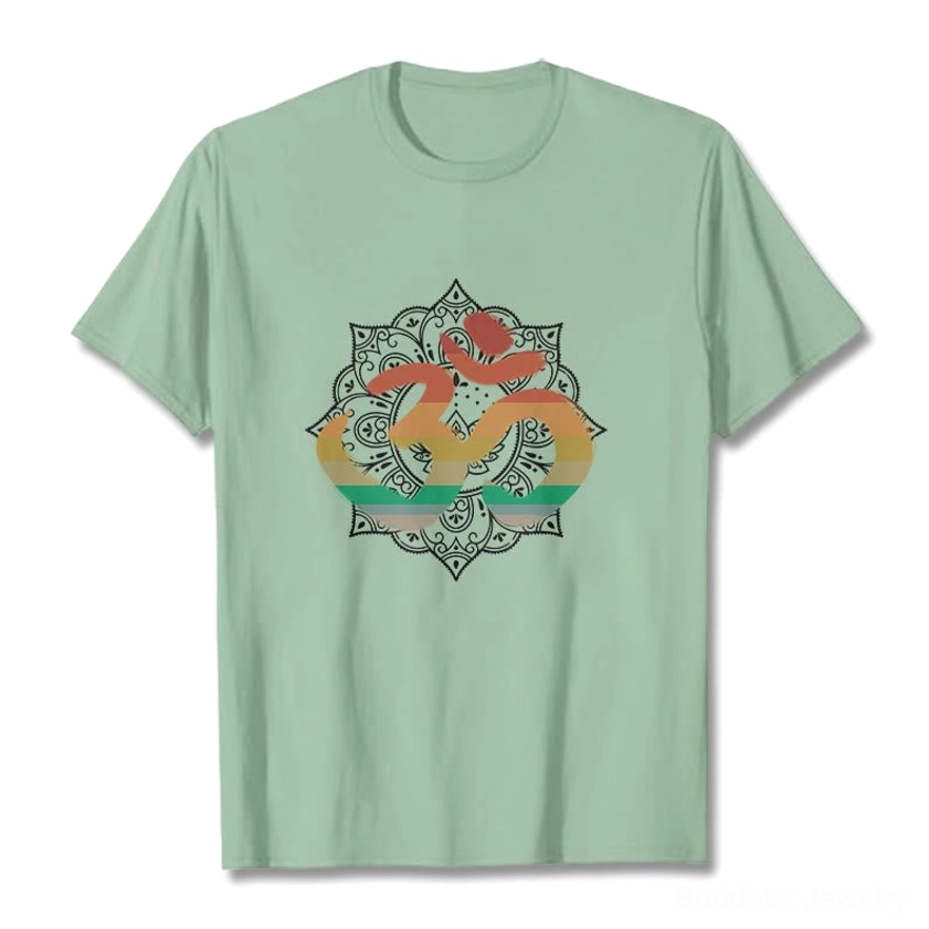 Light grey Om mandala Buddhist t-shirt close-up showing print quality and fabric texture