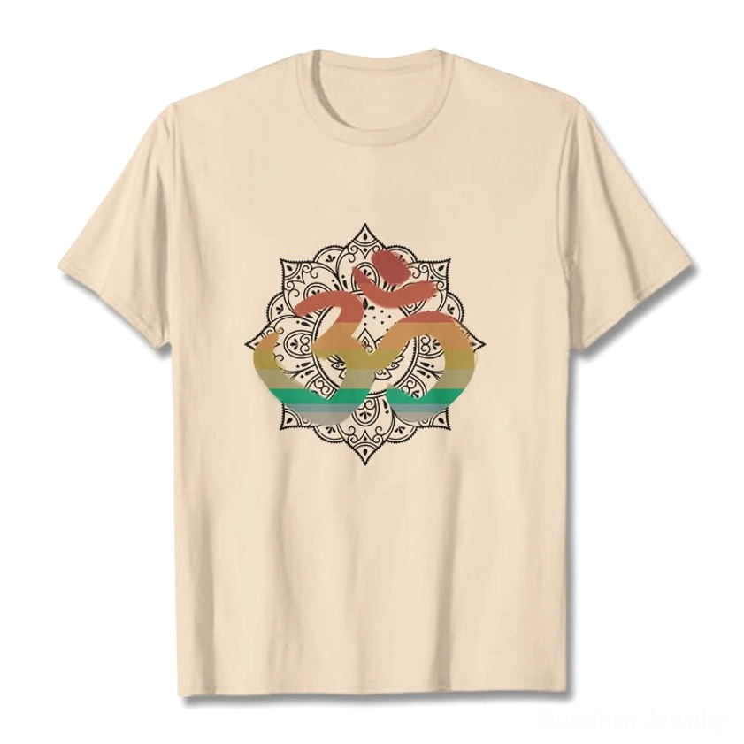Light grey Buddhist Om mandala t-shirt showing gradient print detail and fabric quality