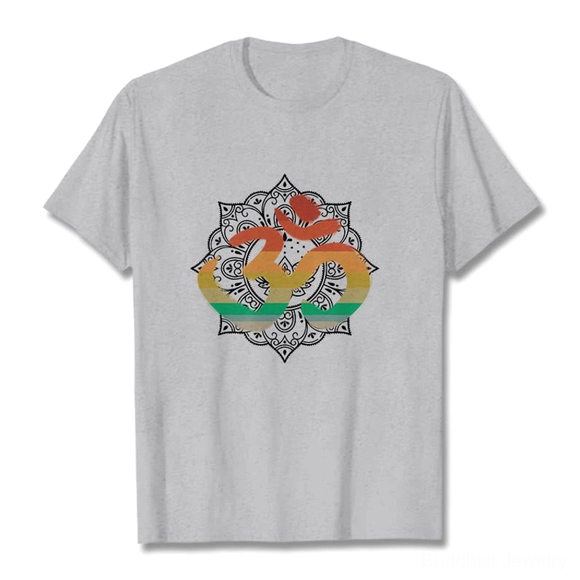 Light grey Om mandala Buddhist cotton t-shirt front perspective showing unisex fit and sacred design