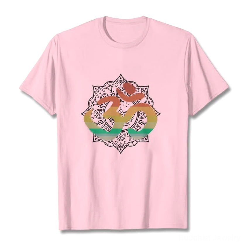 Light grey Om mandala Buddhist cotton t-shirt displaying gradient sacred symbol design