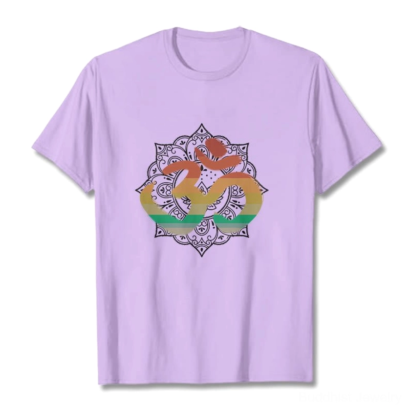 Light grey Om mandala Buddhist cotton tee showing mandala geometric pattern details