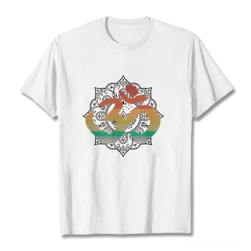White Om mandala gradient Buddhist cotton t-shirt with sacred symbol and geometric patterns
