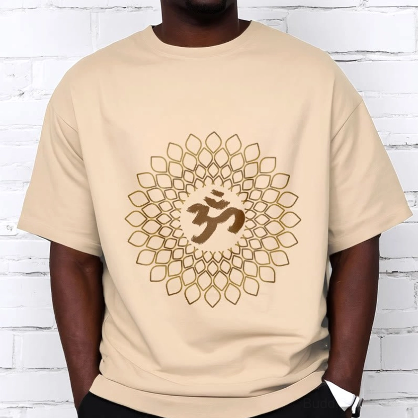 Om mandala diamond beige cotton t-shirt casual wear lightweight breathable fabric