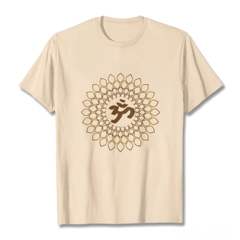 Om mandala diamond beige cotton t-shirt front flat lay with gold mandala print