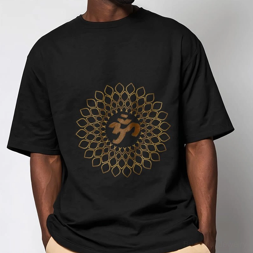 Men wearing om mandala diamond black cotton t-shirt with gold print front view casual fit