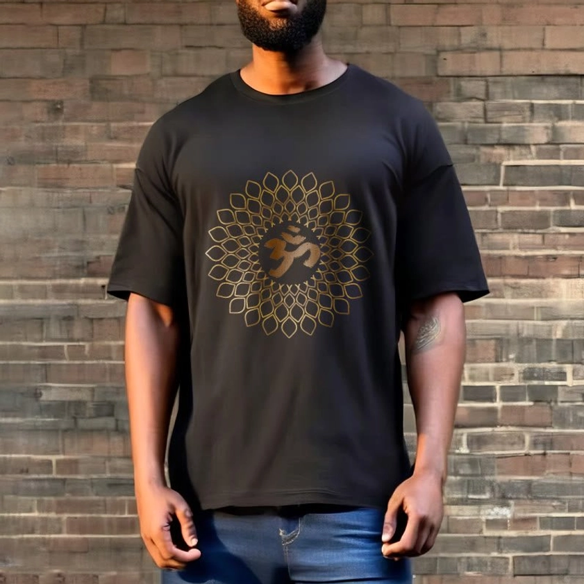 Man wearing om mandala diamond black cotton t-shirt with denim jeans brick wall background