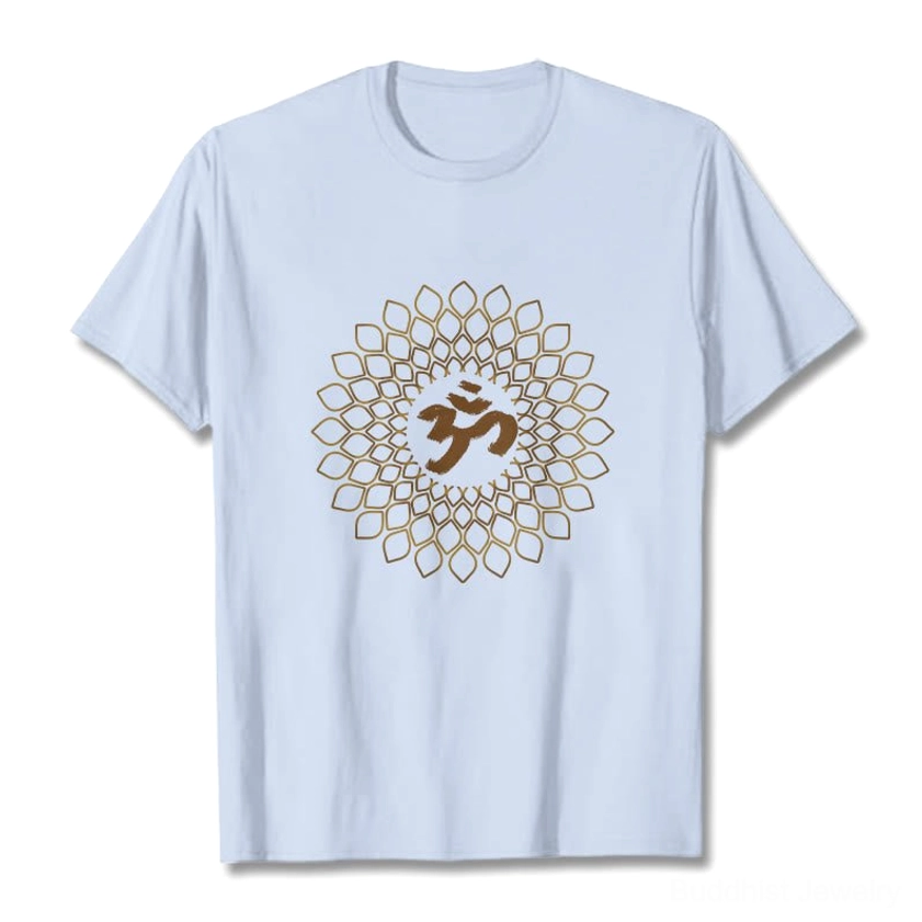 Light cyan om mandala diamond t-shirt front flat lay with intricate spiritual gold design