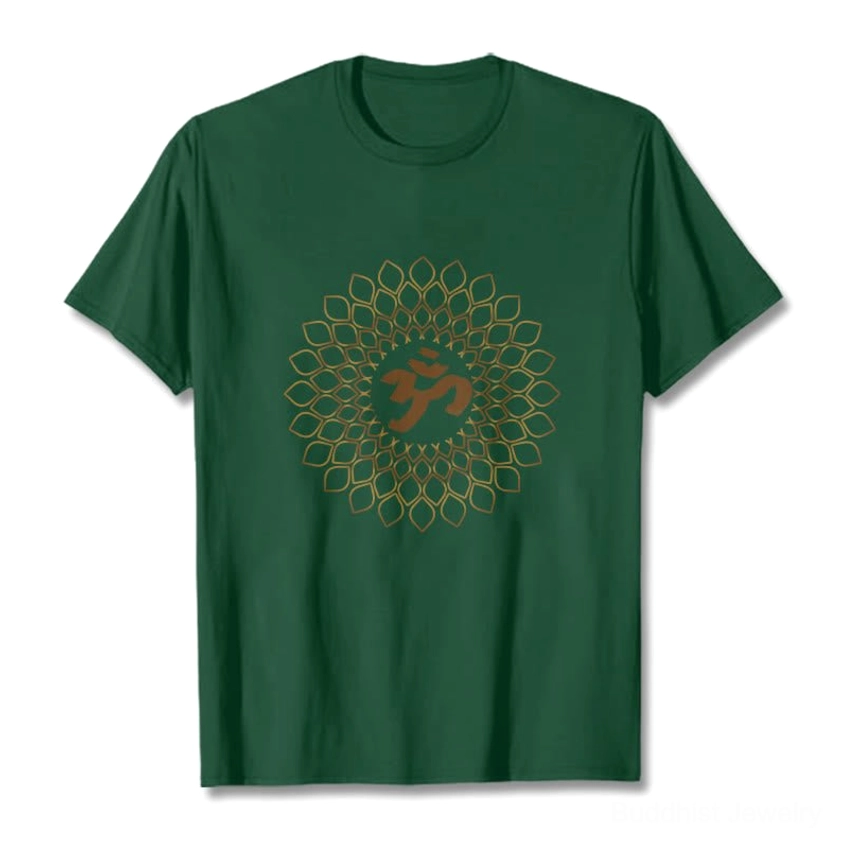 Light cyan om mandala diamond cotton t-shirt front flat lay with gold spiritual print