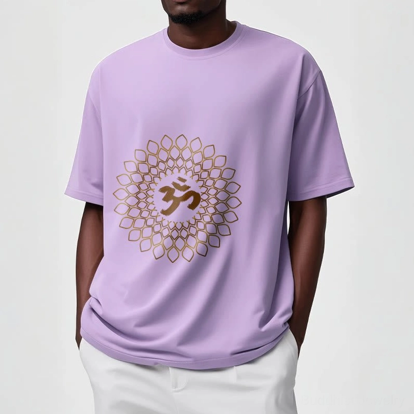 Light cyan om mandala diamond cotton t-shirt detail view showing gold mandala print quality