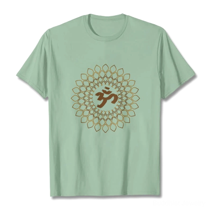 Woman wearing light grey om mandala diamond cotton t-shirt casual lifestyle outfit
