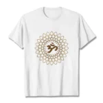 Om mandala diamond white cotton t-shirt front flat lay with gold spiritual print on white background
