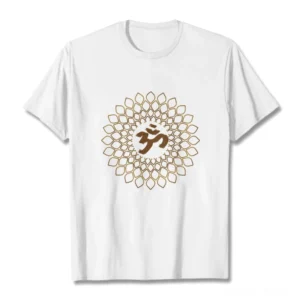Om mandala diamond white cotton t-shirt front flat lay with gold spiritual print on white background