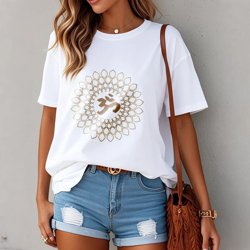 Women wearing om mandala diamond white cotton t-shirt with denim shorts styled outfit