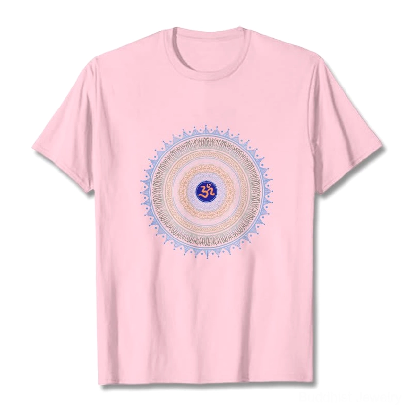 Mandala graphic t-shirt showcasing sacred OM symbol, Buddhist cotton apparel lifestyle wear