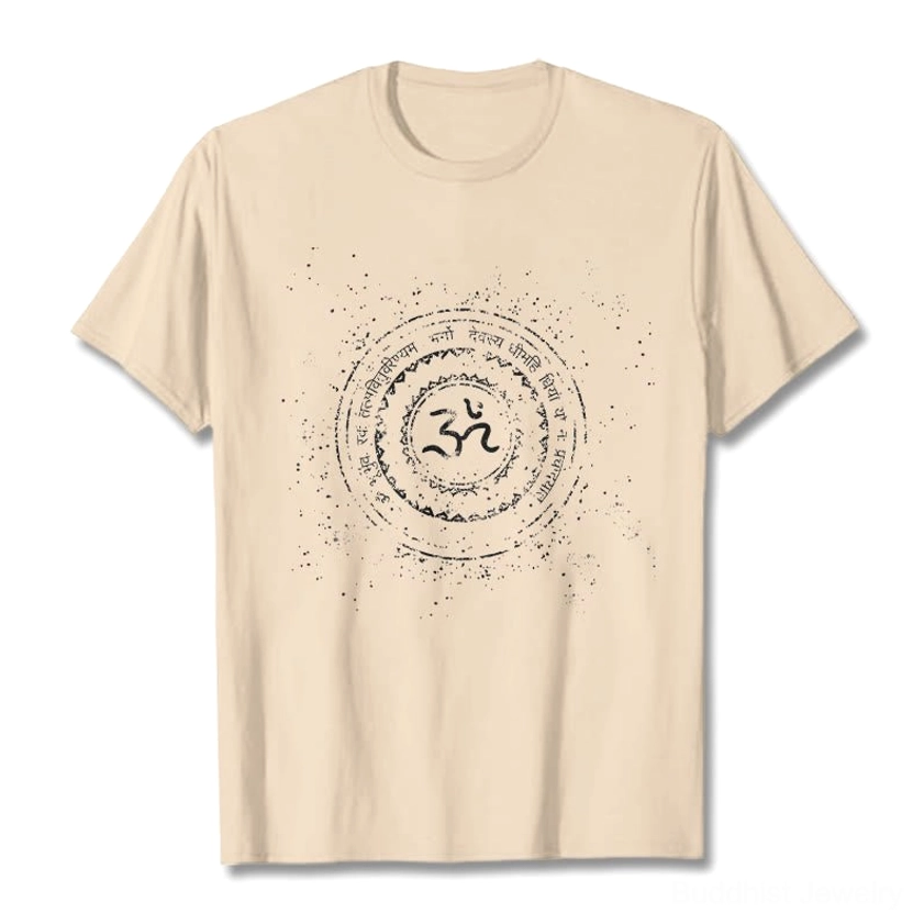 Beige Om mandala spiritual cotton t-shirt flat lay front with black print