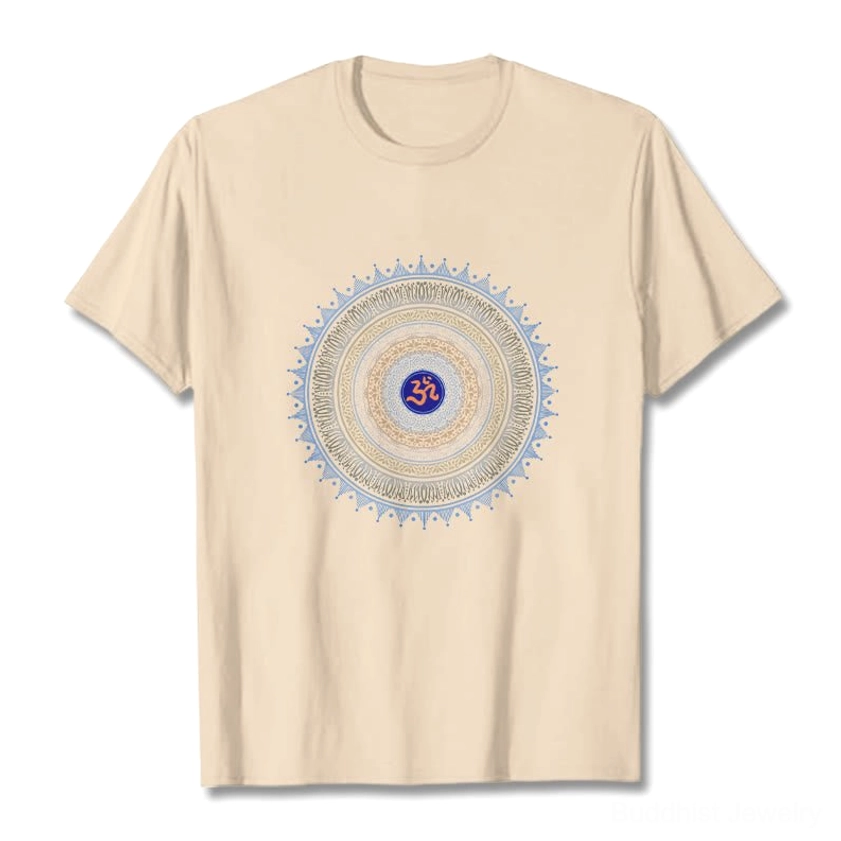 Premium cotton Buddhist t-shirt with intricate OM mandala design, spiritual graphic apparel detail shot