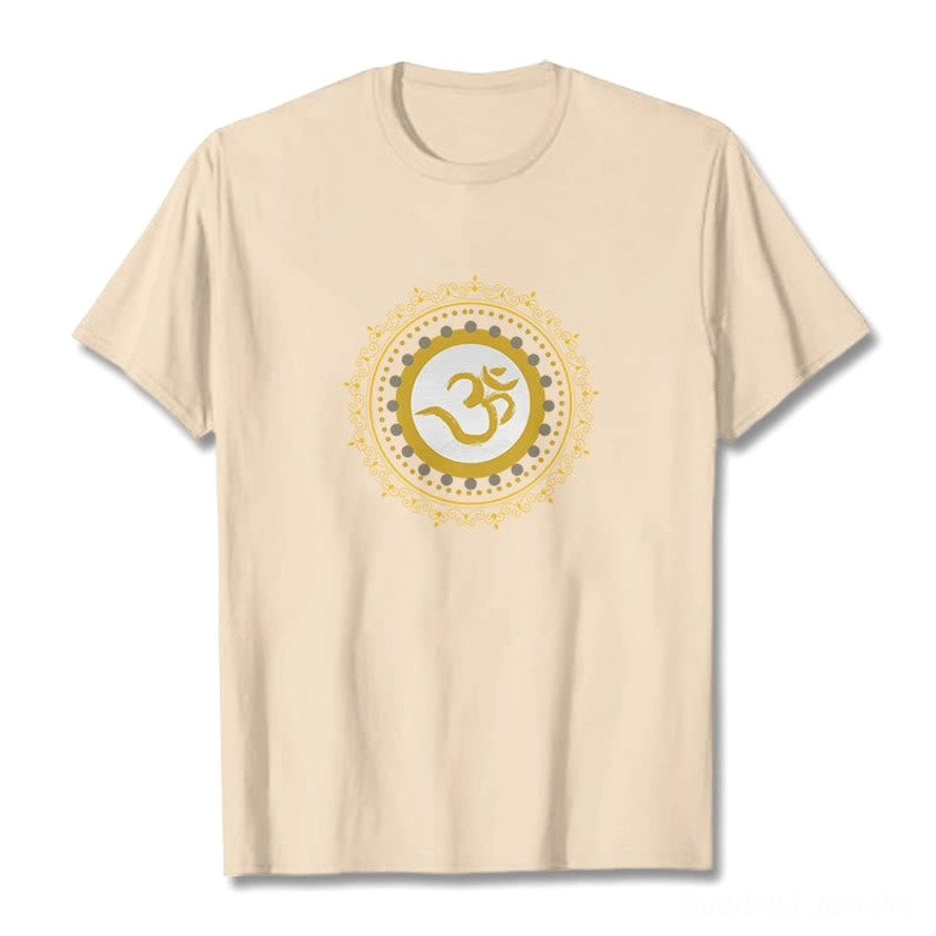 Om Mandala spiritual t-shirt folded display - natural cotton material eco-friendly Buddhist apparel