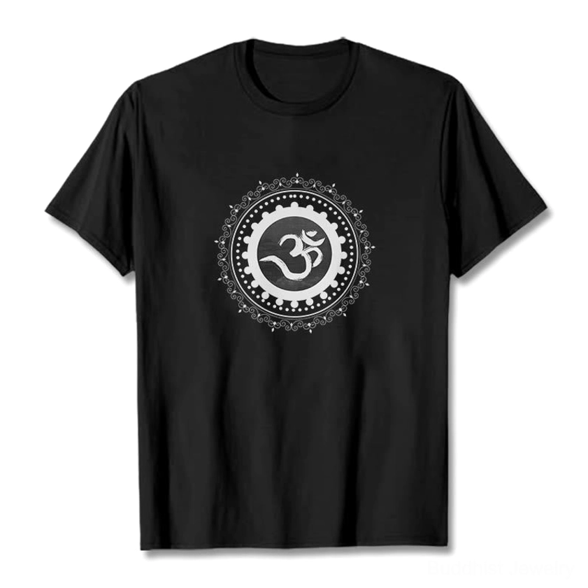 Black Om Mandala Buddhist t-shirt flat lay front view on studio background - crew neck short sleeve print detail