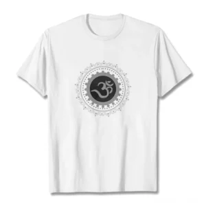 Om Mandala Buddhist t-shirt flat lay front view on white background - cream colored spiritual cotton tee with mandala print