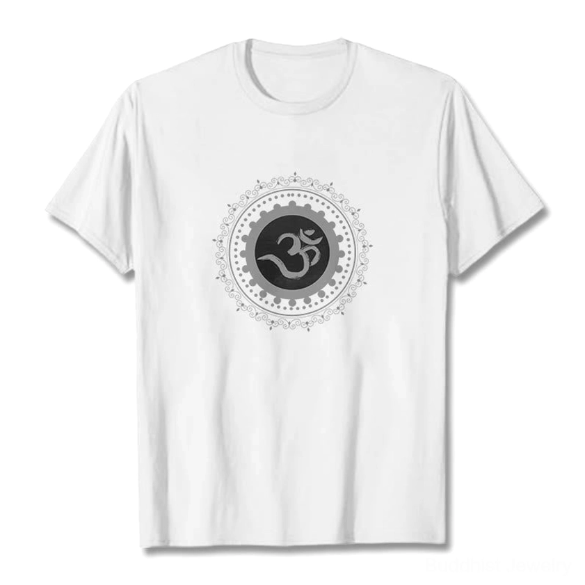 Om Mandala Buddhist t-shirt flat lay front view on white background - cream colored spiritual cotton tee with mandala print