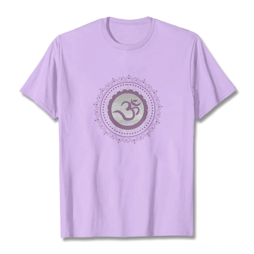 Pale green Om Mandala Buddhist t-shirt flat lay front view on studio background - pastel tone spiritual tee