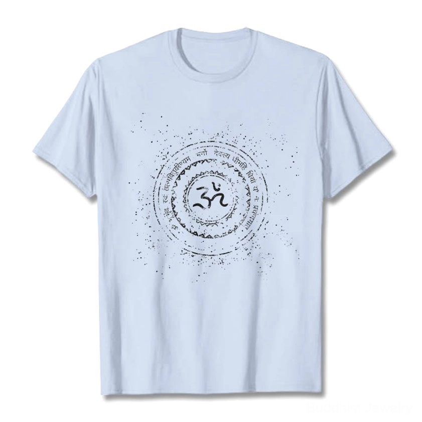 Light cyan Om mandala spiritual cotton graphic tee flat lay front view