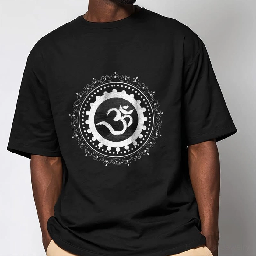 Man wearing black Om Mandala Buddhist t-shirt indoor casual styling - traditional mandala chest print design
