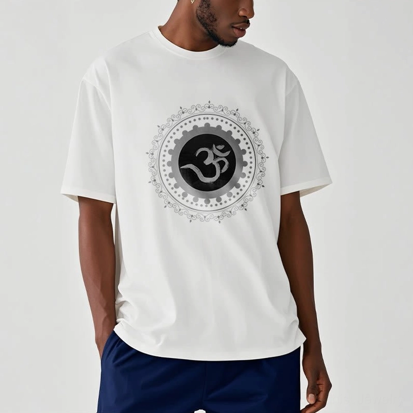 Man wearing off-white Om Mandala Buddhist t-shirt indoor casual styling - crew neck short sleeve spiritual tee