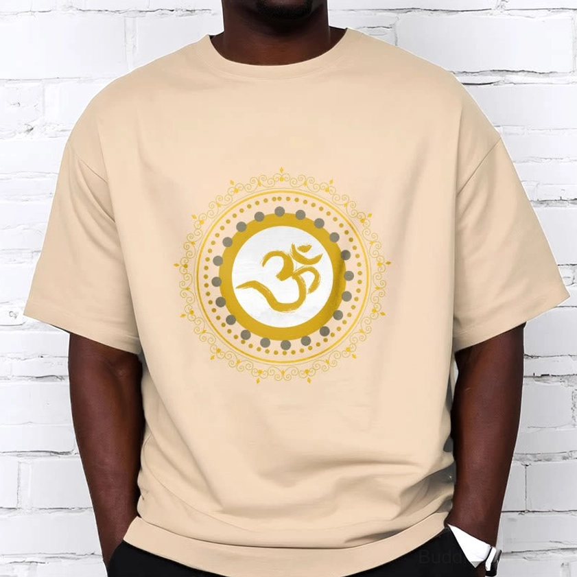 Model wearing Om Mandala Buddhist t-shirt casual styling - mindfulness fashion for everyday wear