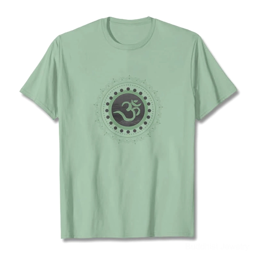Pale green Om Mandala Buddhist t-shirt on model - pastel spiritual tee unisex fit casual wear
