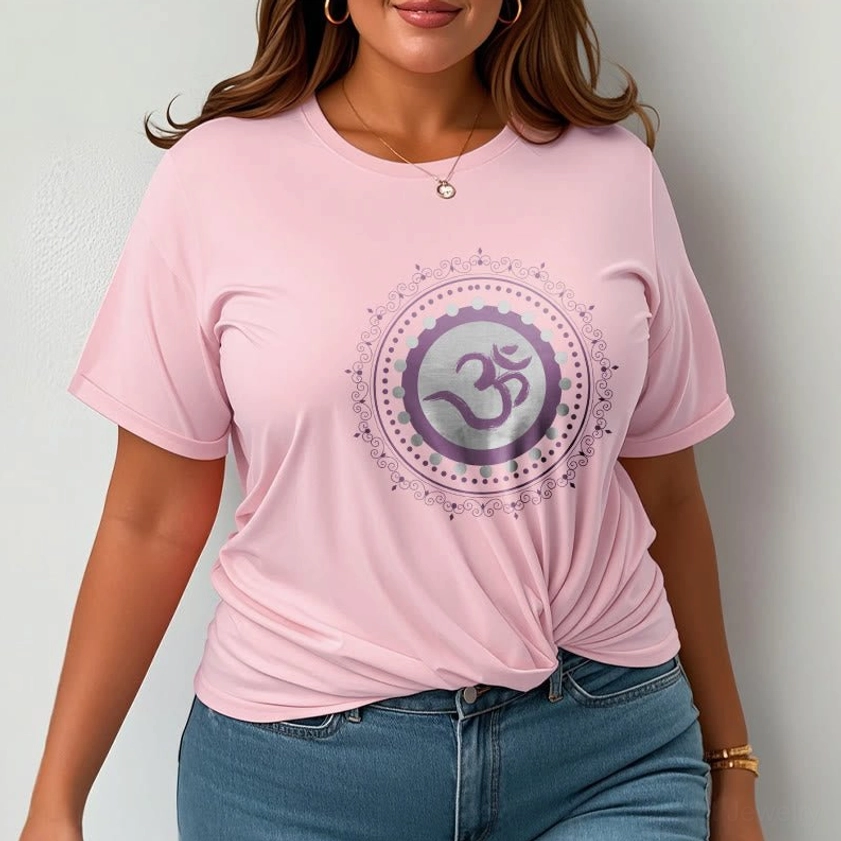 Closeup detail of Om Mandala print on Buddhist t-shirt - white ink mandala design on chest