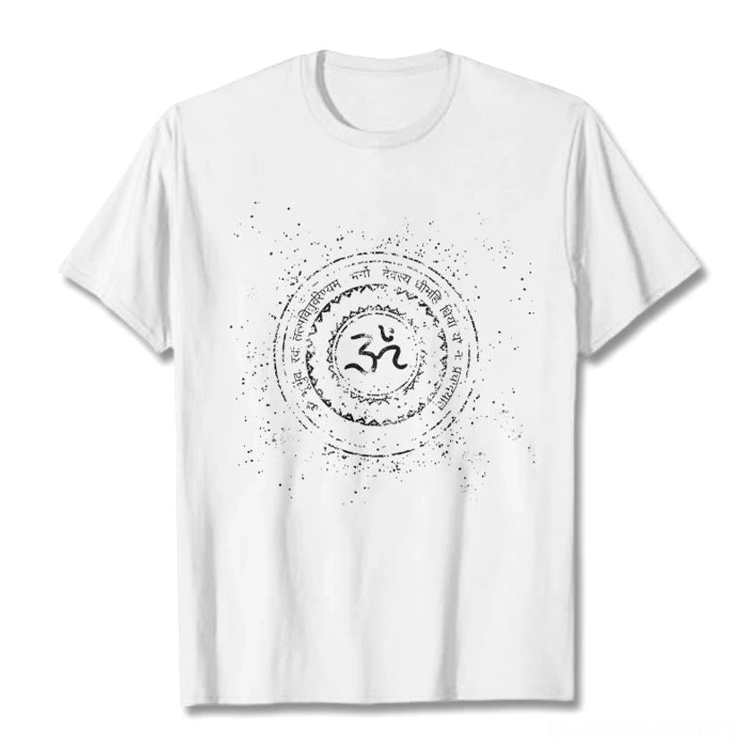 Om mandala graphic tee white cotton flat lay front view with spiritual print design