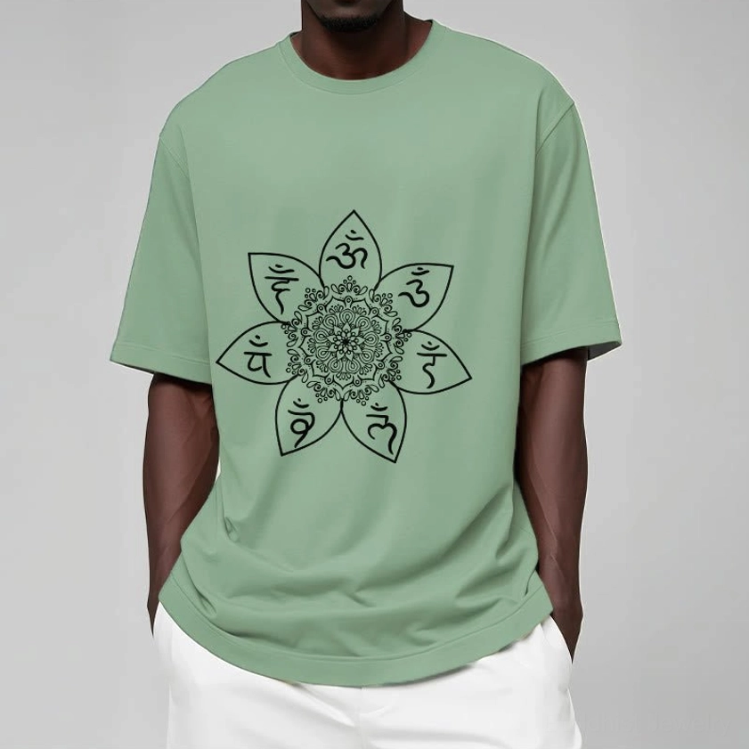 Sacred mandala t-shirt hanging display showing drape fit quality of om mani padme hum buddhist cotton tee