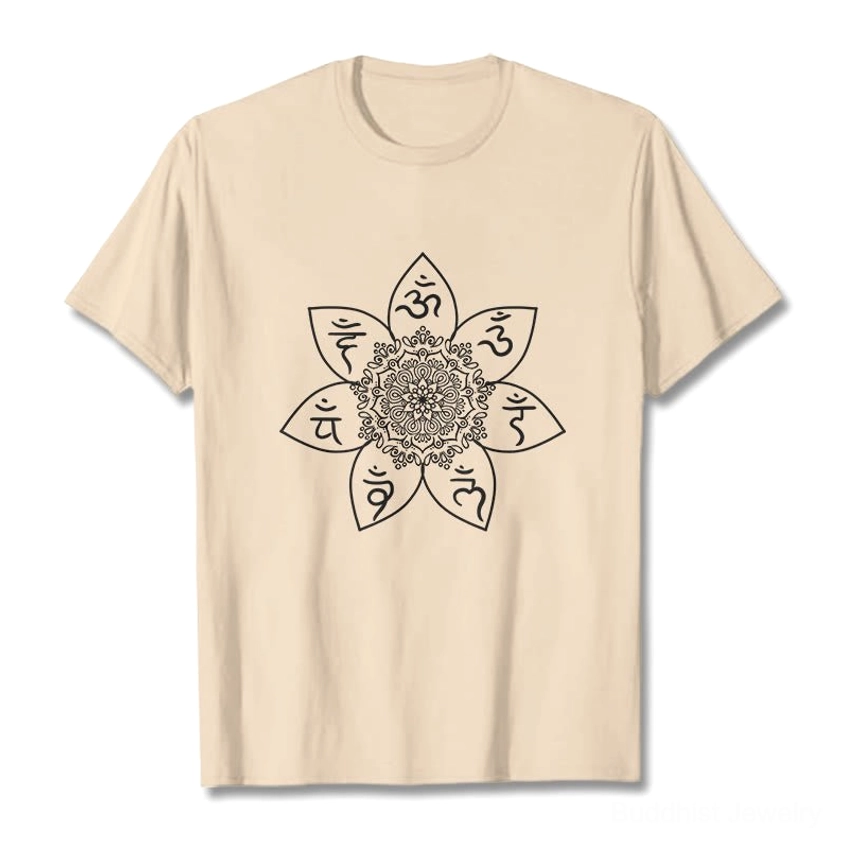 Buddhist mandala t-shirt light cyan color flat lay front display unisex tee with white om mani padme hum pattern