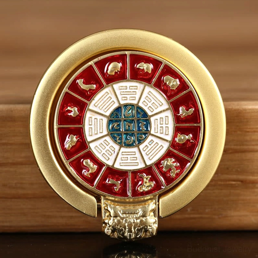 Om Mani Padme Hum phone ring holder in blue enamel with gold accents, universal smartphone compatibility