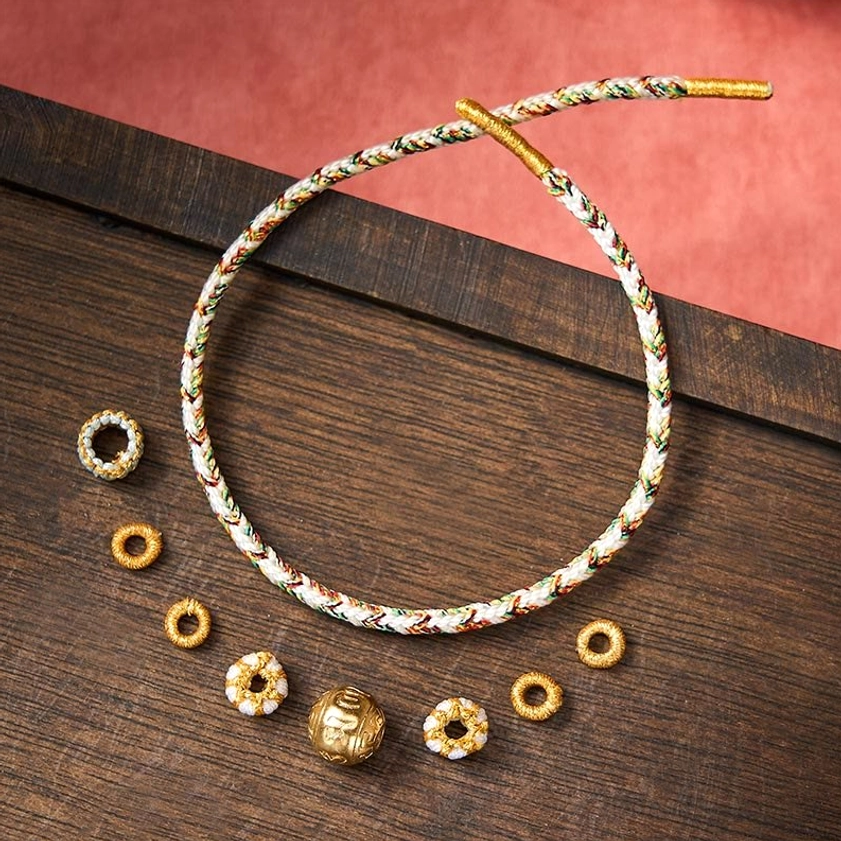 Buddhist wisdom bracelet with loose woven cord, extra metal beads and charms for customization and crafting