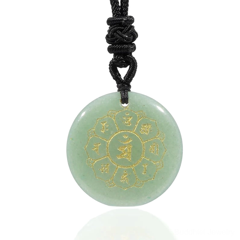Buddhist necklace pendant featuring Om Mani Padme Hum mantra carved in gold Sanskrit on round natural stone