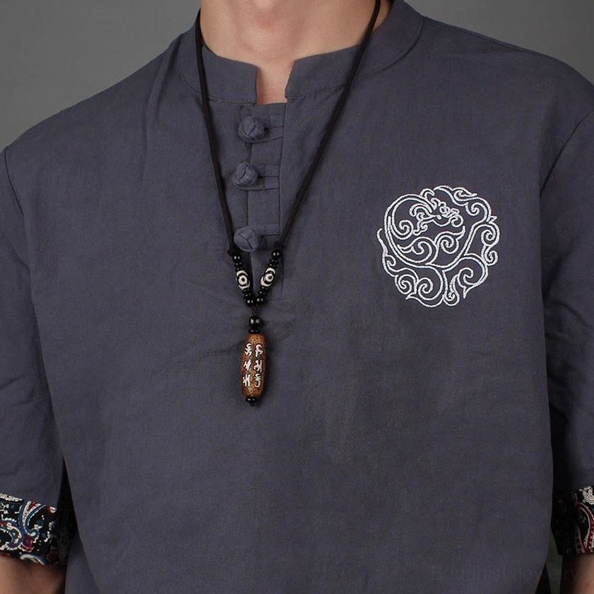 Om Mani Padme Hum Buddhist necklace styling inspiration showing how to wear Dzi bead pendant daily
