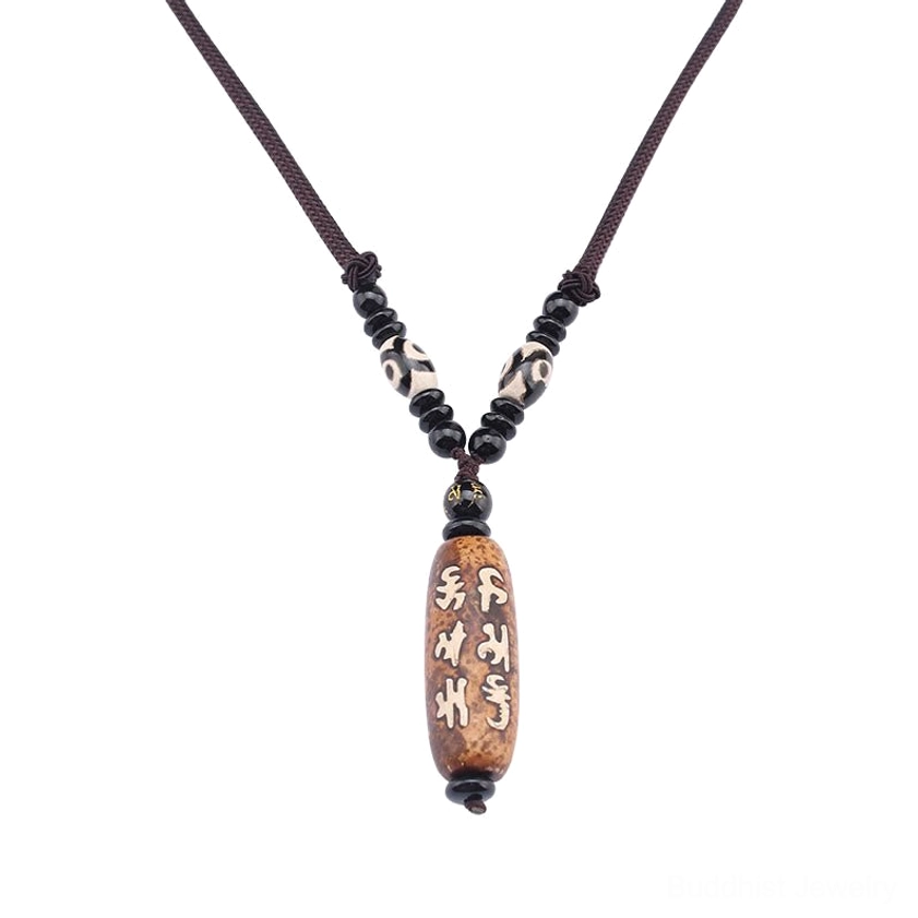 Om Mani Padme Hum Dzi bead necklace lifestyle photo showing spiritual meditation and mindfulness practice