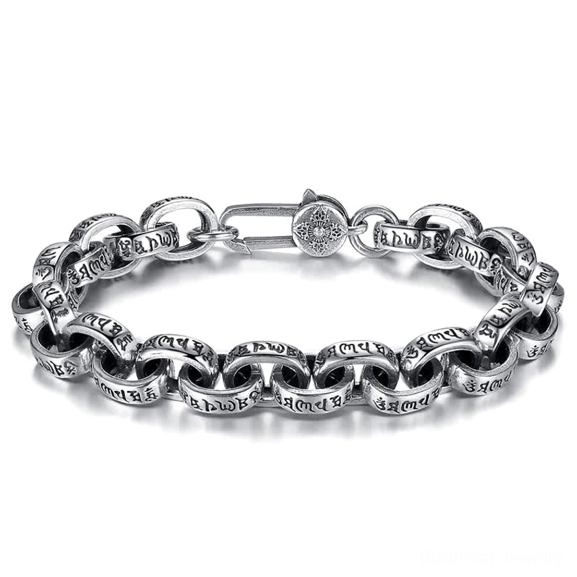 Detailed view of engraved sterling silver metal links featuring Om Mani Padme Hum mantra on Buddhist bracelet