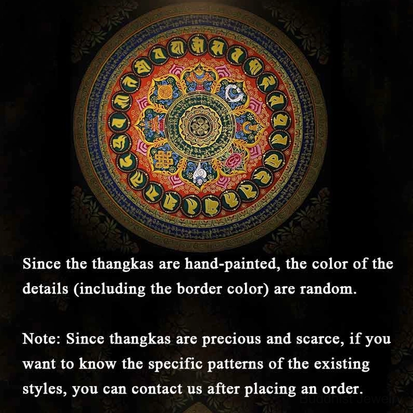 Close-up detail of hand-painted Om Mani Padme Hum mandala thangka showing multi-layered religious Buddhist designs and natural color variations