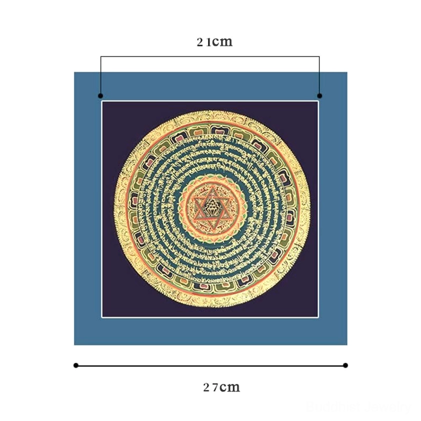 Buddhist Om Mani Padme Hum thangka painting with traditional golden mandala design displayed as spiritual meditation focal point and home decor