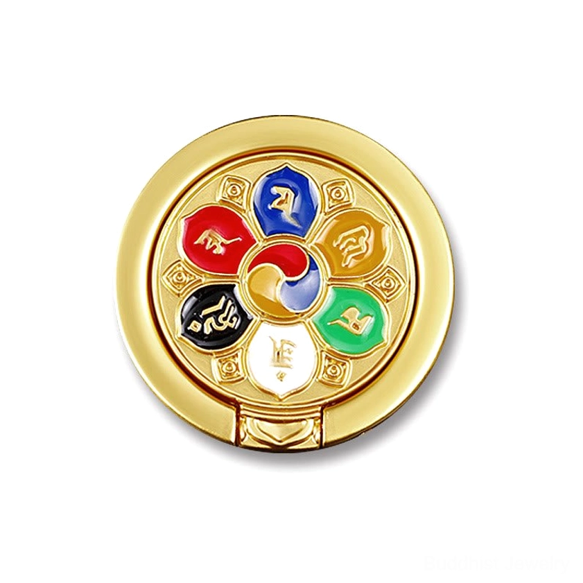 Om Mani Padme Hum phone ring with protective energy symbolism, gold-plated alloy with vibrant enamel coating