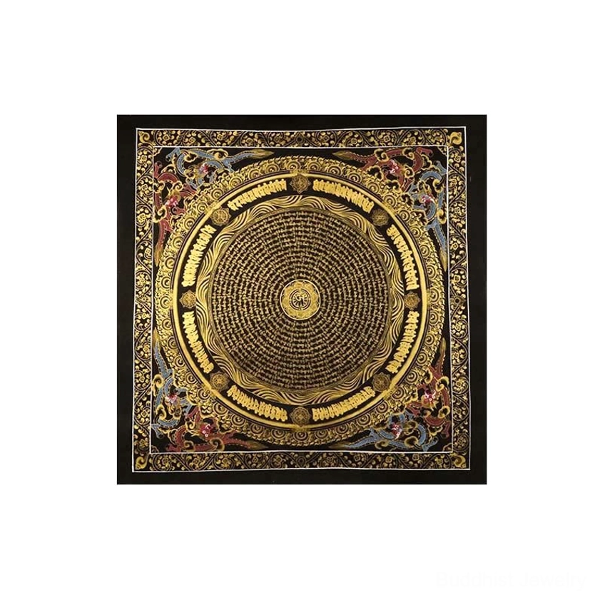 Om Mani Padme Hum mandala thangka with black frame and red blue decorative border - Buddhist mantra art