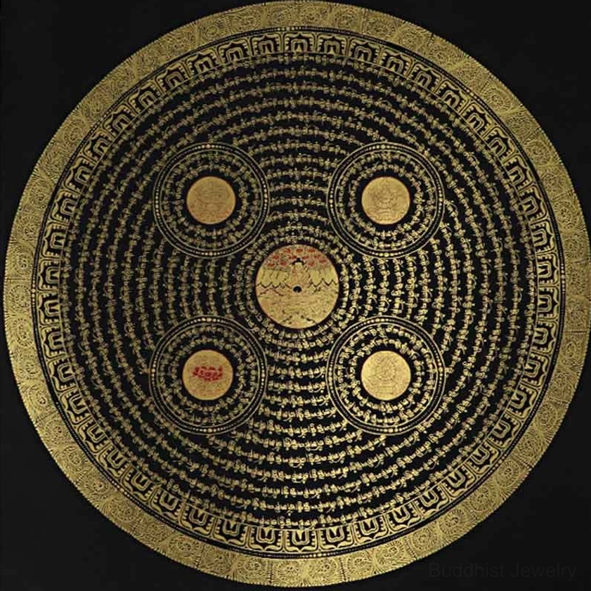 Om Mani Padme Hum mandala thangka featuring sacred Buddhist symbols and spiritual healing mantra visualization