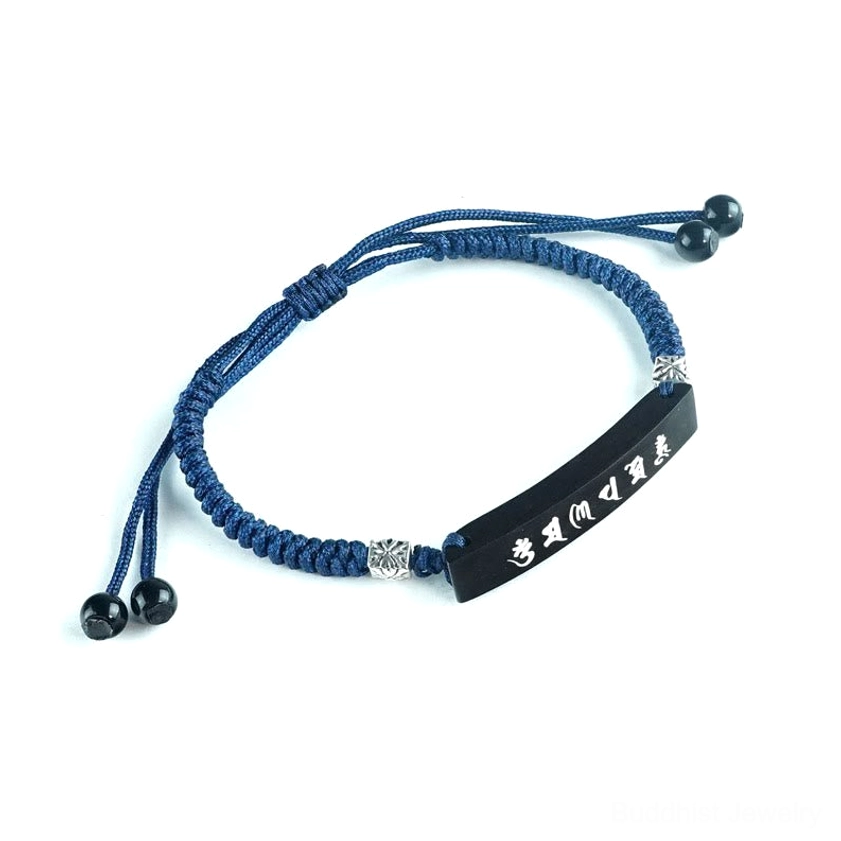 Om Mani Padme Hum mantra bracelet with adjustable navy braided cord and black agate bead for spiritual protection and meditation practice