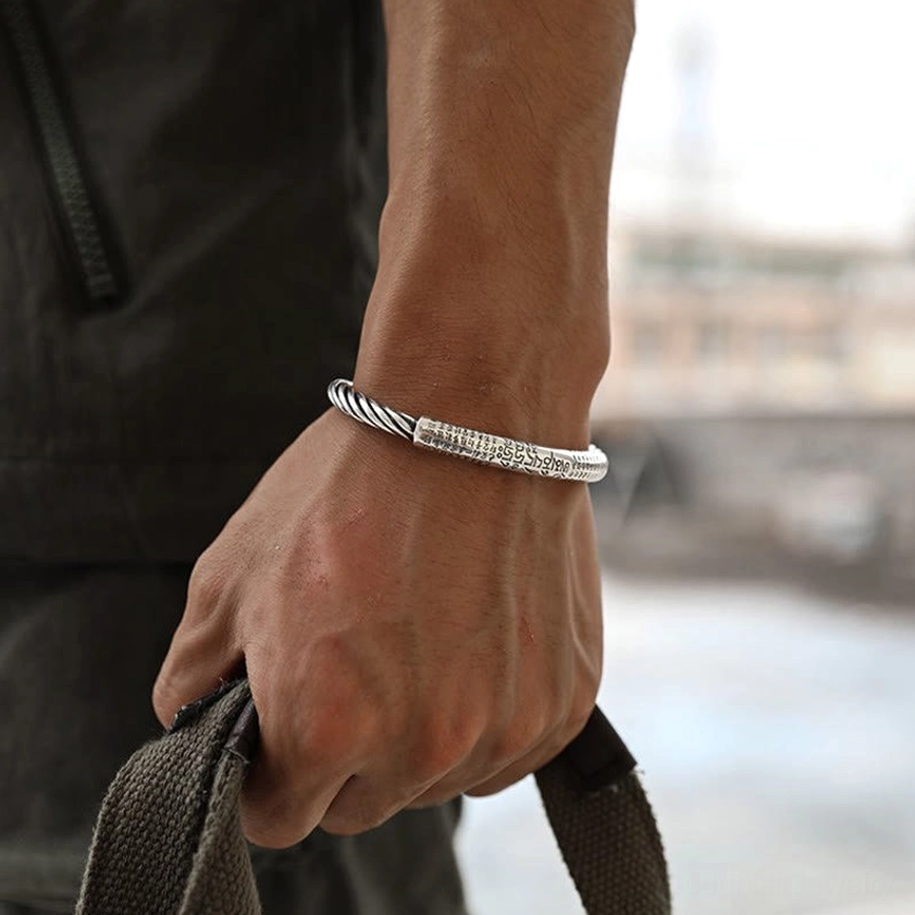 Artisan-crafted Om Mani Padme Hum cuff bracelet in antique copper, featuring hand-engraved Buddhist wisdom text for inner peace and mindfulness journey