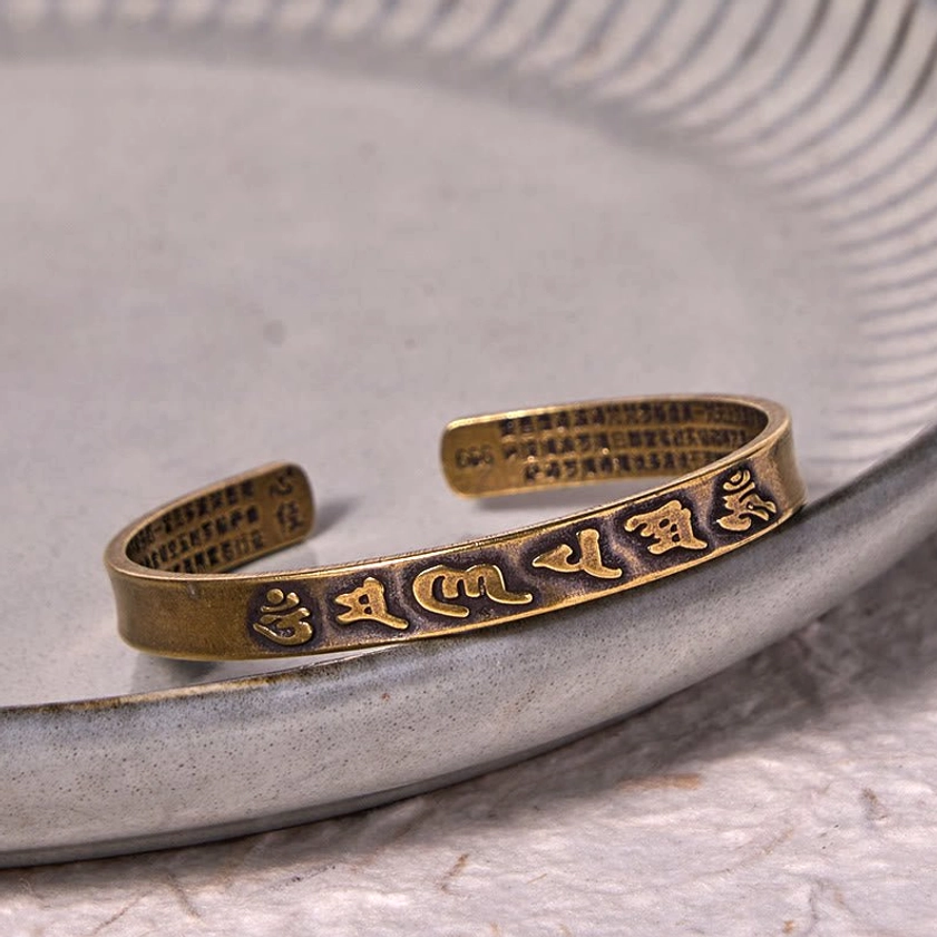 Six True Words Om Mani Padme Hum retro brass cuff bangle with detailed Sanskrit sutra engravings on both sides