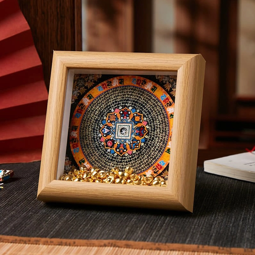 Om Mani Padme Hum mandala thangka frame black-based circular design natural wood protective symbolism