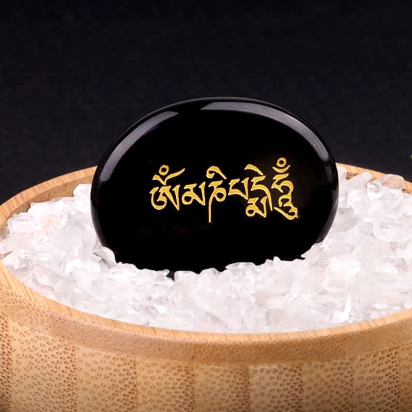 Om Mani Padme Hum black obsidian palm stone with Sanskrit mantra engraving